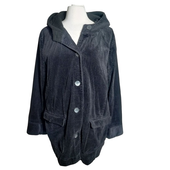 J. Jill Heritage Tumbled Cord Coat XL Black Hooded Button Front Barn Jacket - Picture 1 of 9